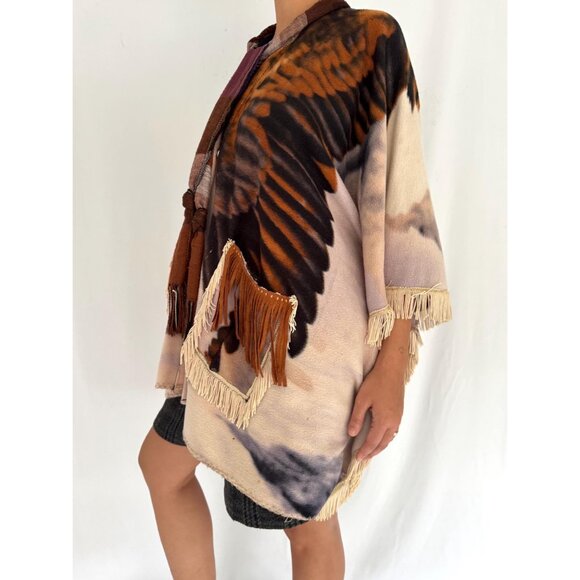 vintage eagle print fringed tassels loose comfy fleece poncho cape one size - Picture 2 of 8